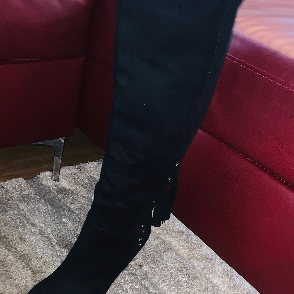 High Heel Over The Knee Suede Black Boots - Picture 4 of 6